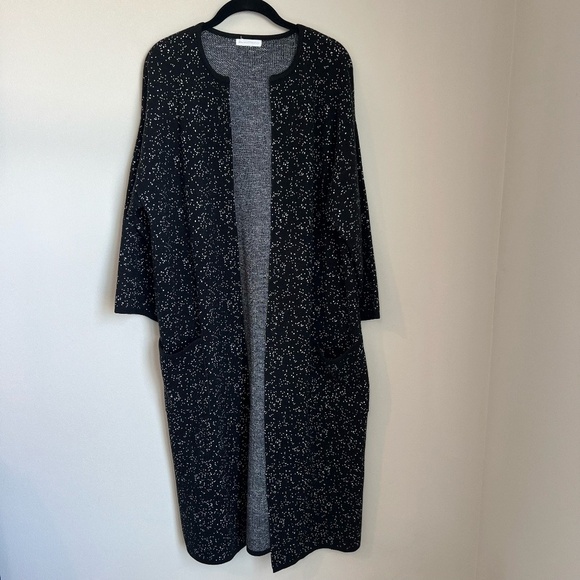 New York and Company Womens Open Front Long Cardigan Black White Duster Sz Large - Picture 1 of 13